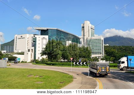 HONG KONG - JUNE 04, 2015: view of Cathay City. Cathay Pacific City or Cathay City is the headquarters of Cathay Pacific at Hong Kong International Airport