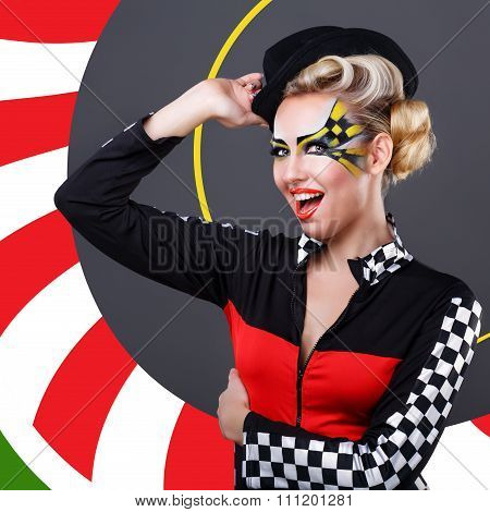 Girl Taxi Driver Corrects Hat.