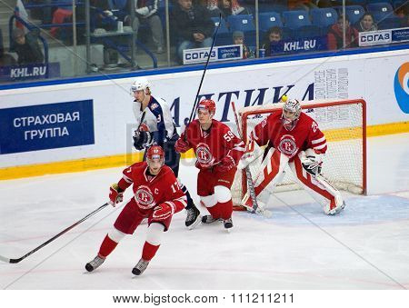PODOLSK - NOVEMBER 21 2015: during hockey game Vityaz vs Torpedo on Russia KHL championship in Vutyaz ice arena Podolsk Russia. Torpedo won 4:3