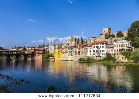 The Old Wooden Bridge Spans The River Brenta At The  Village Basano Del Grappa