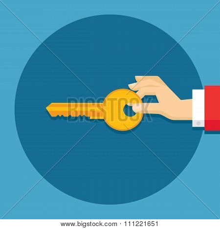 Human hand with key - creative vector illustration in flat style design.