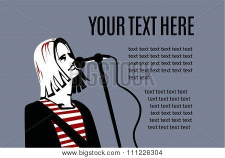 Man with long hair is singing in microphone. Card template.