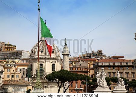 Traian Column And Santa Maria Di Loreto In Rome, Italy