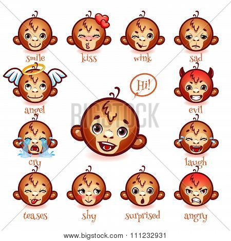Set Of Emoticons Funny Monkey. Smile, Kiss, Wink, Sad, Evil, Cry, Laugh, Teases, Shy, Surprised, Ang