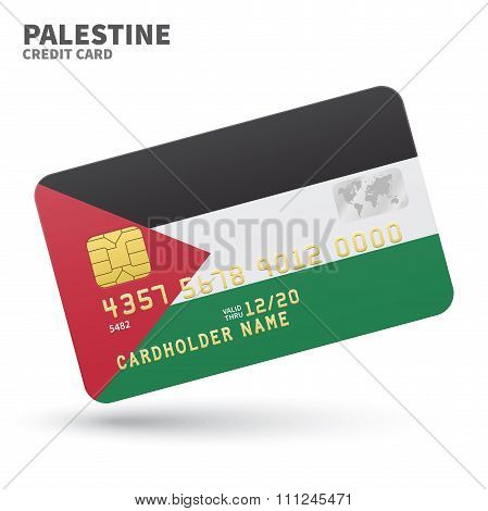 Credit card with Palestine flag background for bank, presentations and business. Isolated on white