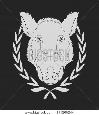 Wild boar head in laurel wreath. Chalkboard