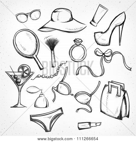 Set monochrome sketch female accessories. Imitation of pen