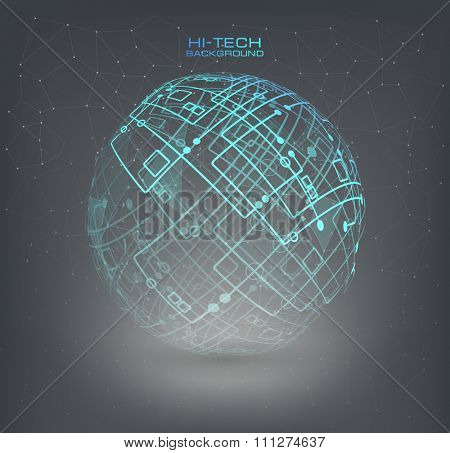 Connection structure molecules circle and blank space for your content. Point and curve constructed the sphere wireframe, technological sense. Abstract background with connecting dots and lines. 