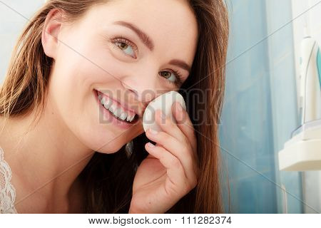 Woman Removing Makeup With Cotton Swab Pad.