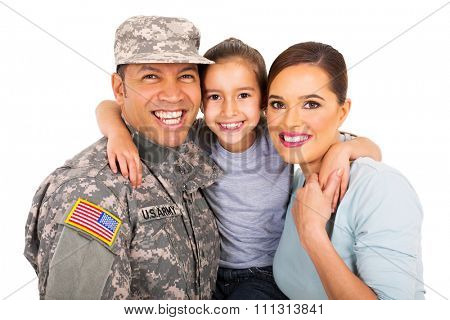 portrait of beautiful young military family on white background