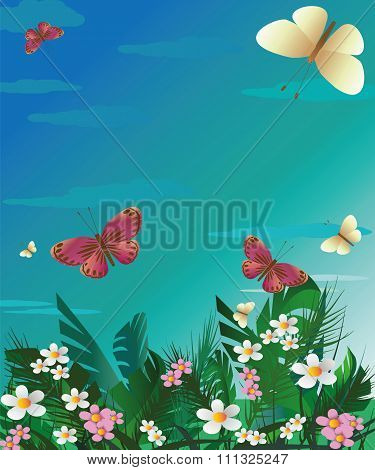 Summer landscape with butterflies