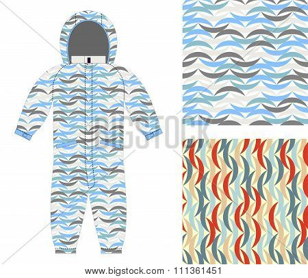 Childrens Clothing Coverall Of An Abstract Pattern. Set Of Seamless Textures For Baby Tissue. Color