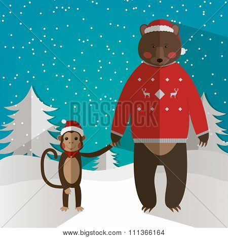 funny Monkey and forest Bear. Chinese Zodiac. New Year and Christmas greeting card. Winter backgroun