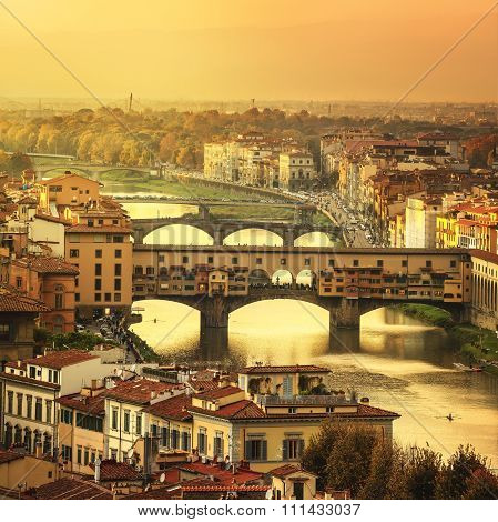 Florence Or Firenze Sunset Ponte Vecchio Bridge Panoramic View.tuscany, Italy