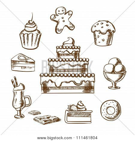Sweet desserts icons with cake and pastry