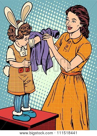 Carnival mother of the child dresses up in a Bunny costume