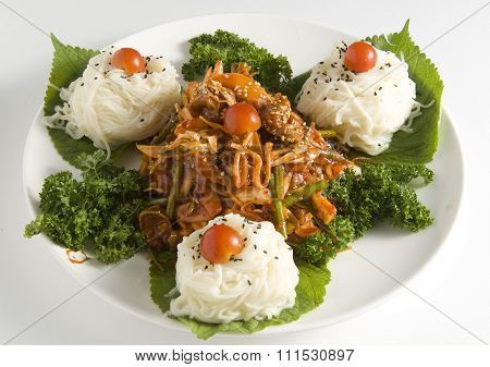 Spicy whelk with vegetable and thin Noodles, Korea food cuisine