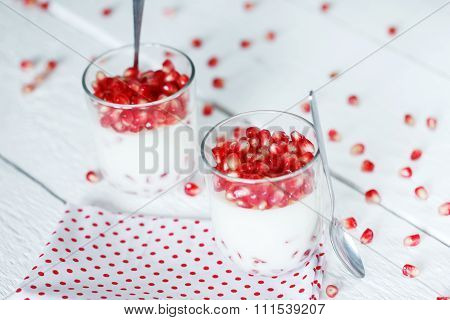 Delicious Dessert Pannacotta With Fresh Pomegranate Seeds In A G