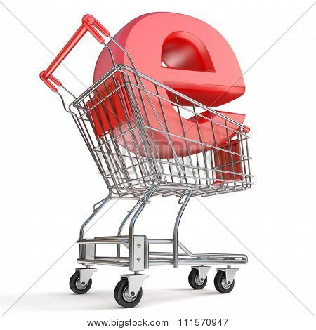 Shopping cart and E symbol. E-shop concept. 3D