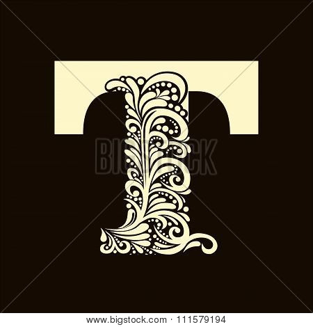 Elegant capital letter T in the style of the Baroque. To use monograms, logos, emblems and initials.