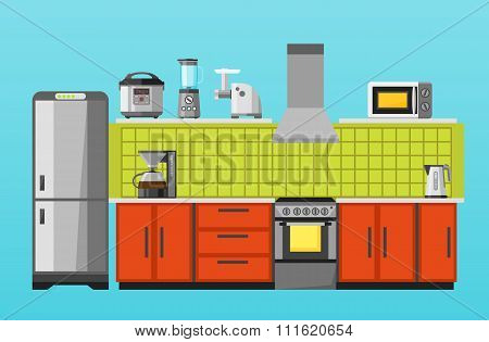 Kitchen with furniture and appliances. Flat style vector illustration