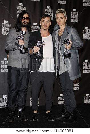 Tomo Milicevich, Shannon Leto, Jared Leto of 30 Seconds to Mars at the 2010 MTV Video Music Awards held at the Nokia Theatre L.A. Live in Los Angeles, USA on September 12, 2010.