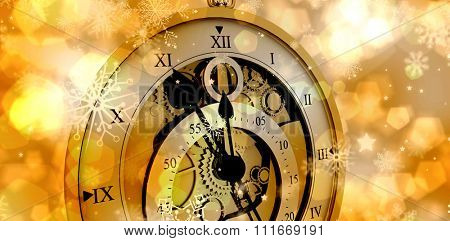 Close-up of antique pocket clock with roman numbers against light glowing dots design pattern Close-up of antique pocket clock with roman numbers against white vackground