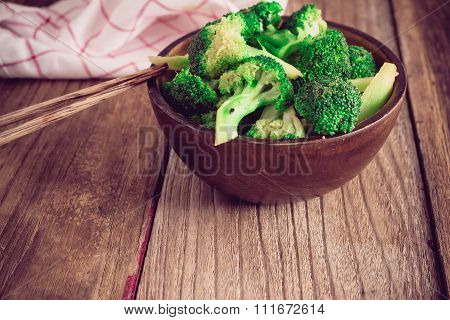Stir-fried Broccoli On Old Wood Teble. Vegetarian Food