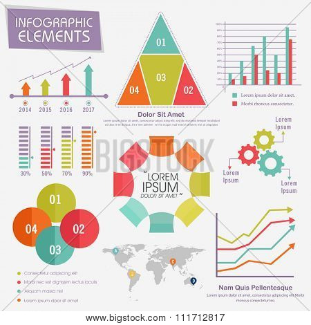 Big set of colorful various Business Infographic elements including statistical bar, graphs, charts and world map for your professional reports presentations.