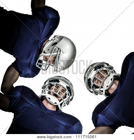 American football huddle against white background with vignette