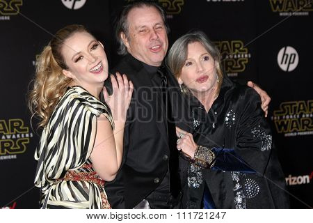 LOS ANGELES - DEC 14:  Billie Lourd, Todd Fisher, Carrie Fisher at the Star Wars: The Force Awakens World Premiere at the Hollywood & Highland on December 14, 2015 in Los Angeles, CA