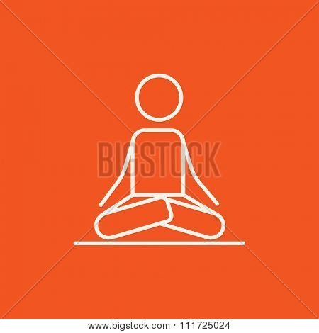 A man meditating in lotus pose line icon for web, mobile and infographics. Vector white icon isolated on red background.