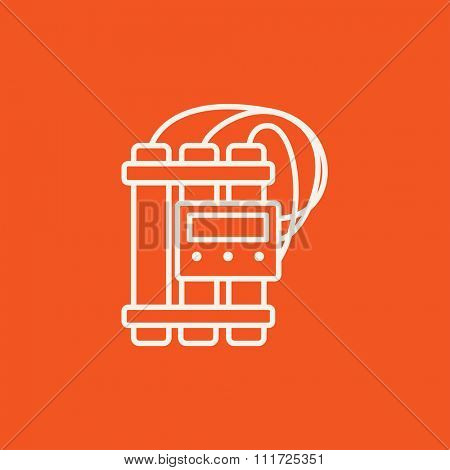 Dynamite and detonator line icon for web, mobile and infographics. Vector white icon isolated on red background.