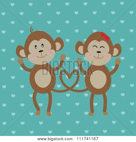 Pair Of Monkeys In Love On Blue Vintage Background. Vector.