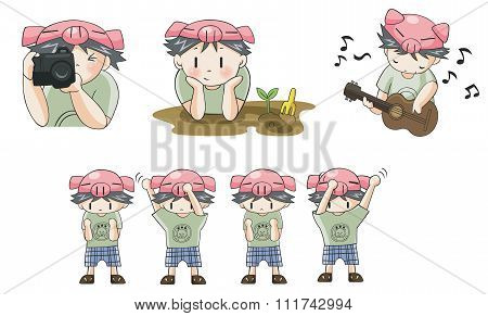 Cute Piggy boy cartoon character icon in various action expression such as dancing, exercise plant t