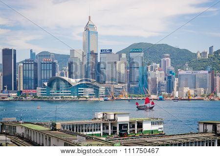 Hong Kong Harbour With Tourist Junk