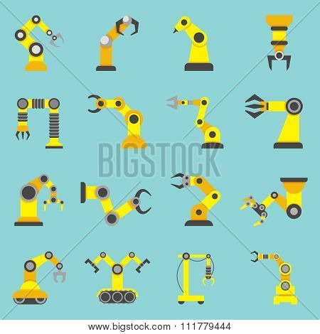 Robotic Arm Flat Yellow Icons Set
