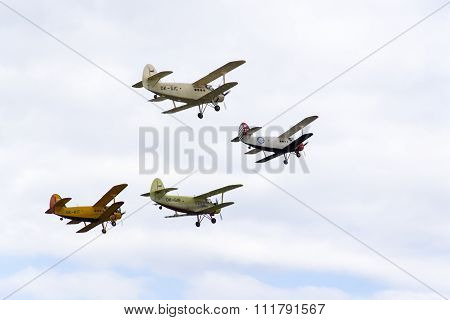 Hradec Kralove, Czech Republic - September 5: Group Of Antonov An-2 Biplanes Flying On September 5,