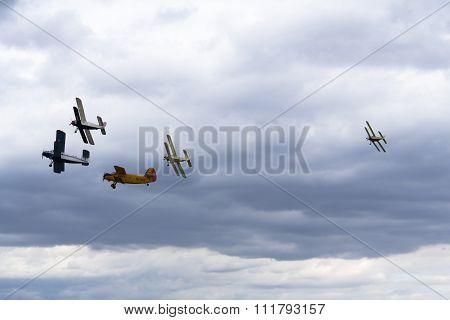 Hradec Kralove, Czech Republic - September 5: Group Of Antonov An-2 Biplanes Flying On September 5,