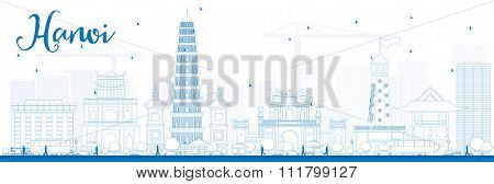 Outline Hanoi skyline with blue Landmarks. Vector illustration. Business and tourism concept with buildings. Image for presentation, banner, placard or web site