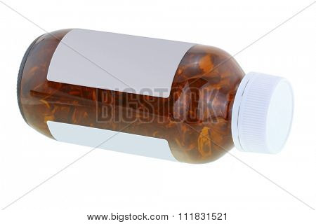 A brown medicine bottle full of nutritional oil - odorless Fish Oil in soft gel capsules, natural source of Omega 3, isolated on white background