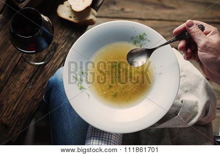 Italian Man Holding Treditional Soup With Pasta Minestra