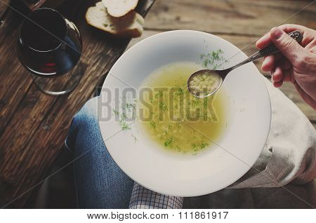 Italian Man Holding Treditional Soup With Pasta Minestra