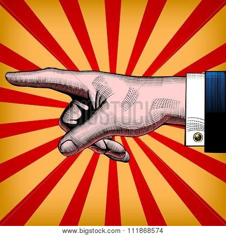 Vintage pop art drawing of pointing hand.