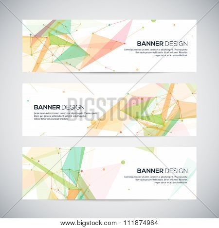 Vector banners set with polygonal abstract shapes, circles, lines, triangles