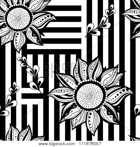 Black white florews seamless background. Modern style. Vector illustration.