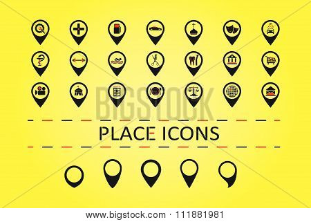 City places icons and 5 different map marks.