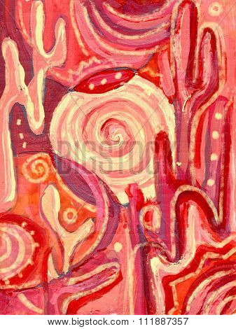 Mexican Landscape With Cactus Plants, Hot Air And Tumbleweed In Desert Sunset. Abstract Acrylic Pain