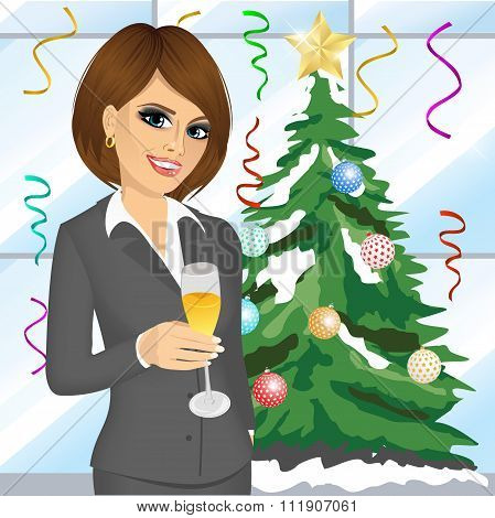 young friendly businesswoman toasting with a glass of champagne