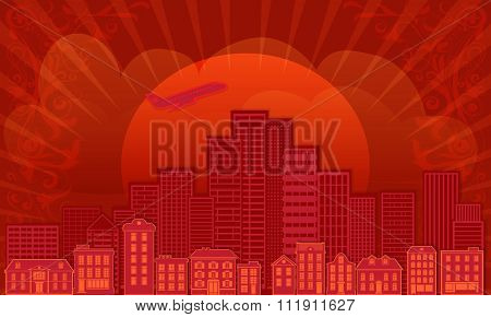 Urban vector illustration with cityscape, skyscrapers in red color scheme